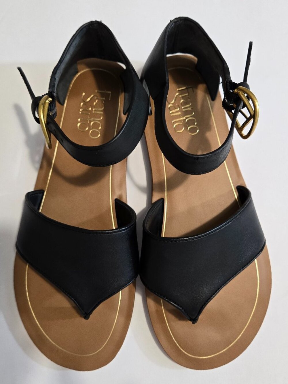 Franco Sarto Ruth Black Leather Ankle Strap Thong Sandals size 6